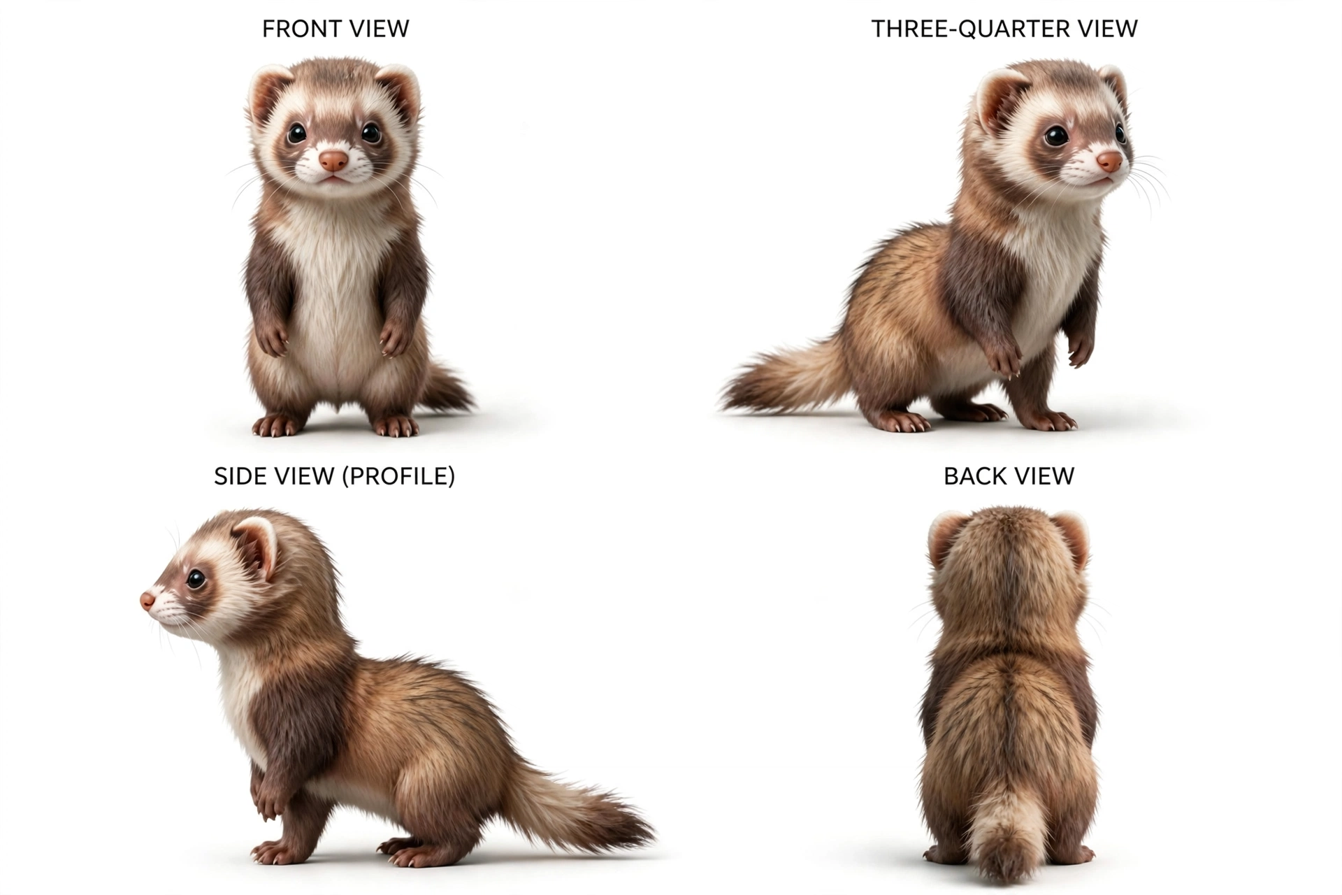 Concept art — character reference sheet of a fluffy brown ferret from four angles