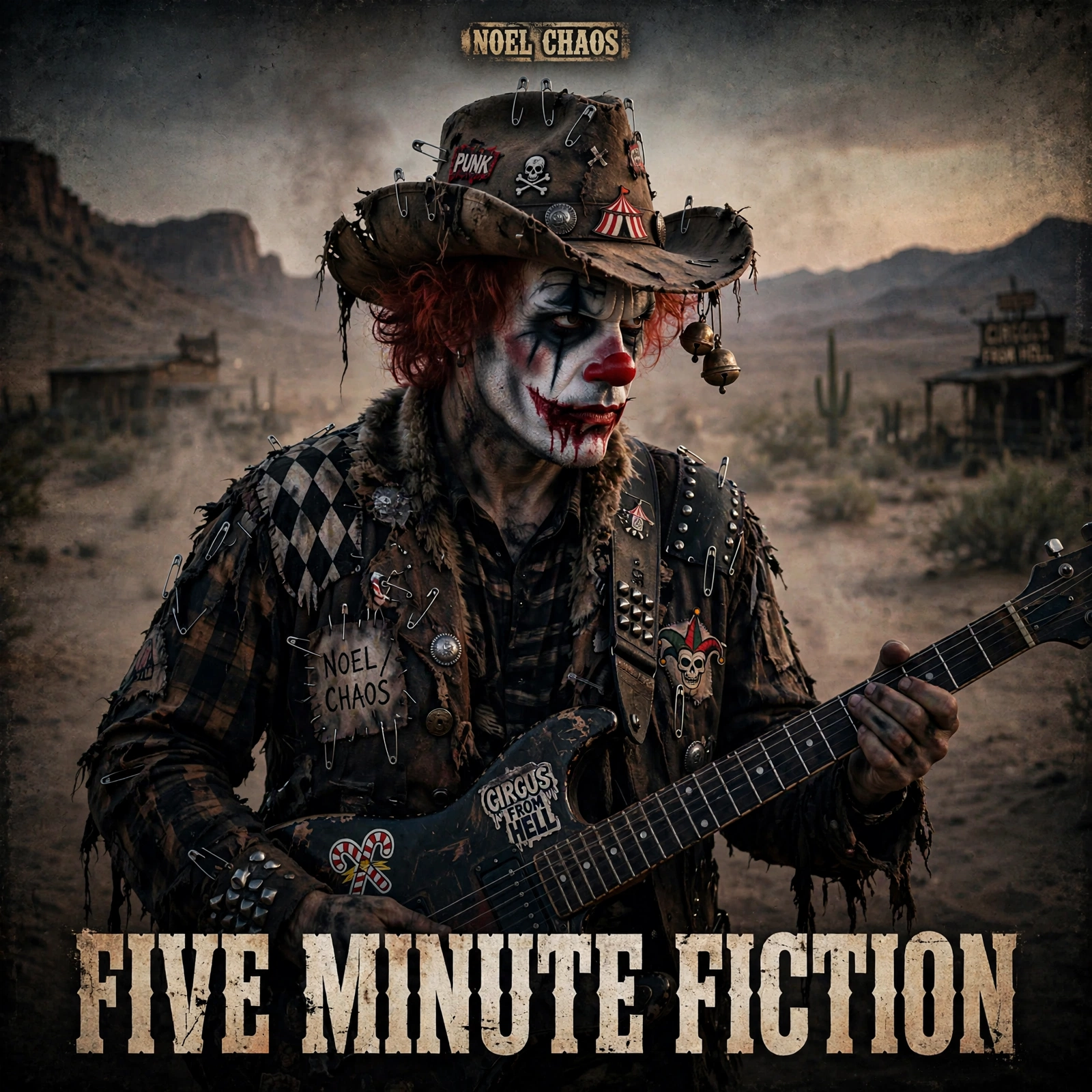 Five Minute Fiction debut artwork — Noel Chaos, a punk clown-cowboy with red hair and face paint, holding an electric guitar in a dusty desert ghost town beneath the band name