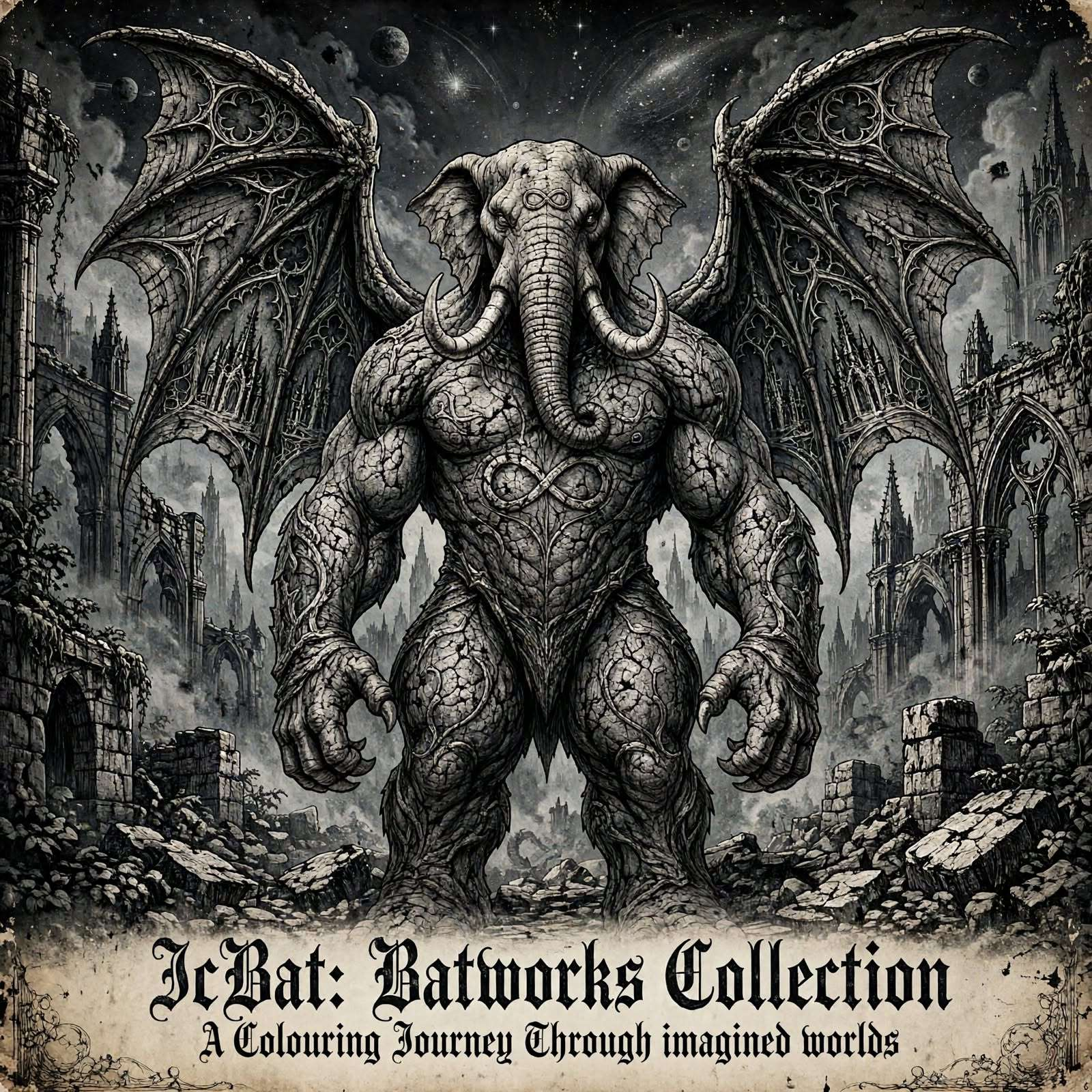 ICBAT Batworks Collection cover art — a winged elephant-like creature in ruined gothic architecture beneath a starry sky, with ornate blackletter title lettering