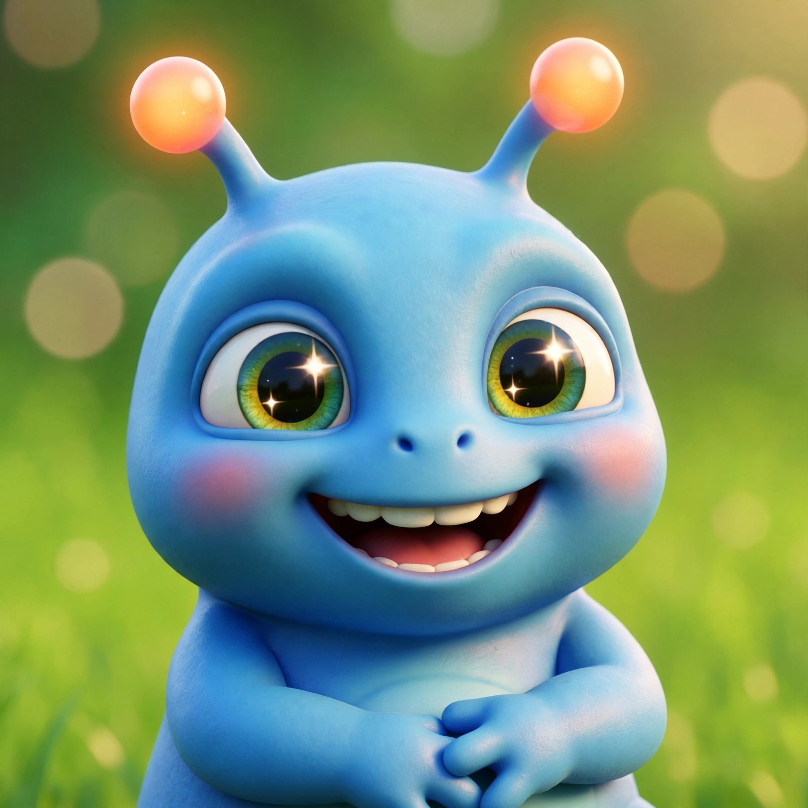 Concept art — joyful blue alien character with glowing antennae in a meadow